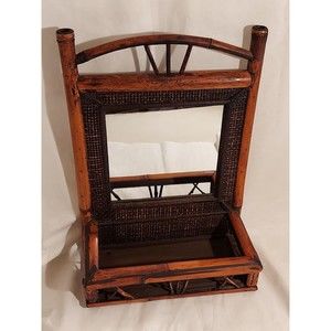 Bamboo Rattan Chinoiserie Wall Hanging Framed Mirror Shelf Boho MCM Vintage